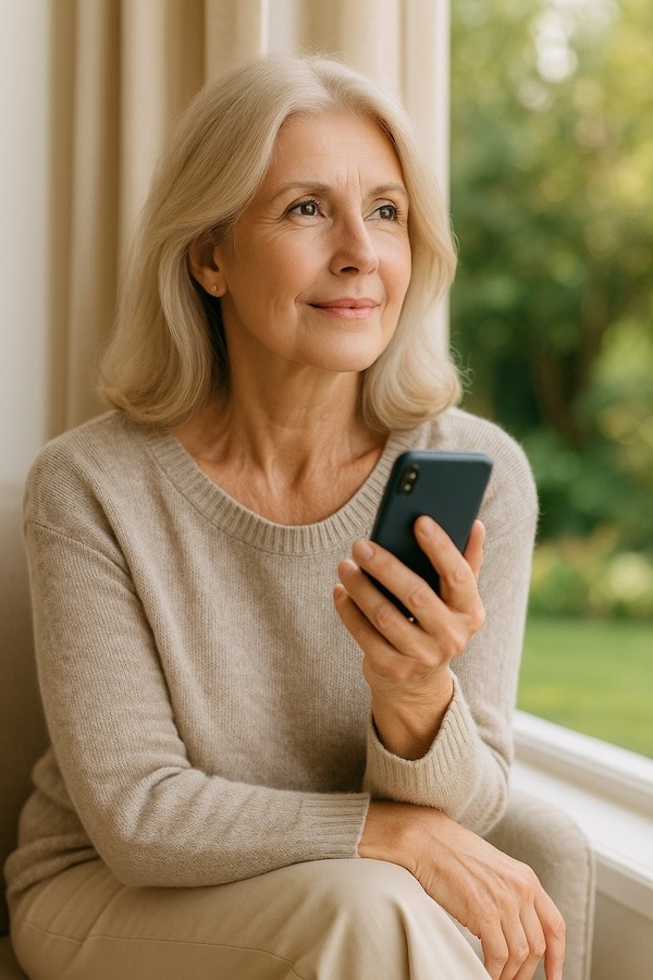 Femme souriante au téléphone pendant une consultation de voyance